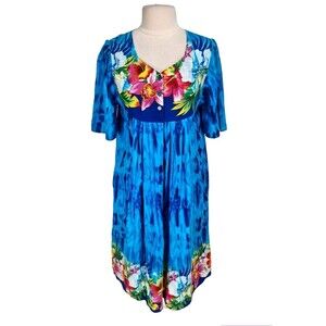 DESERT JEMS Womens Mini House Dress Size M Blue Floral 1/3 Button Up  260P